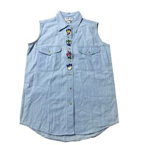 Vintage Looney Tunes Denim Sleeveless Button Down Top Shirt Sz S Cotton